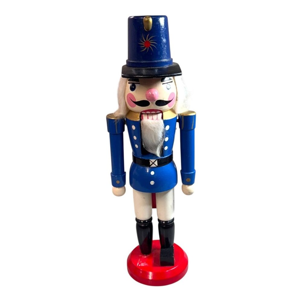 Vintage Wooden Blue Toy Soldier Nutcracker Red Base & Hat Christmas Holiday READ